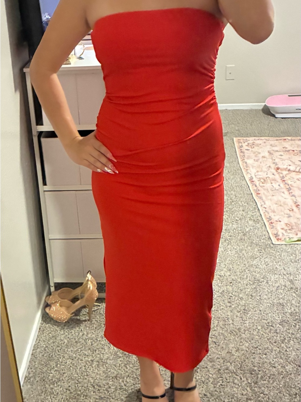 No Boundaries Strapless Red Midi Dress